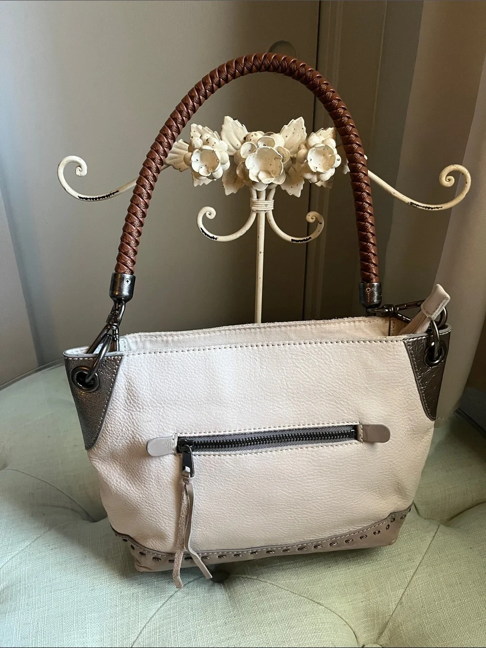 The Sak Cream Pebbled Leather Shoulder Bag with Brown Braided Handle - Picture 2 of 15